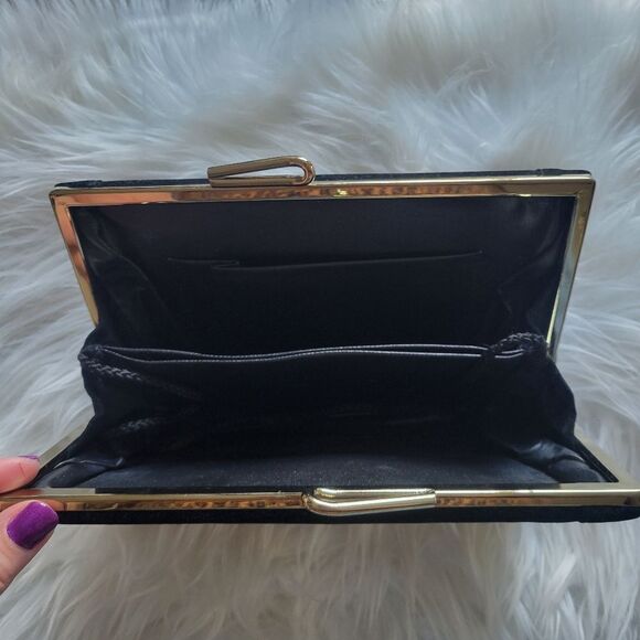 Elegant Black Clutch with Gold Clasp and Silver Roses Print - Picture 7 of 10